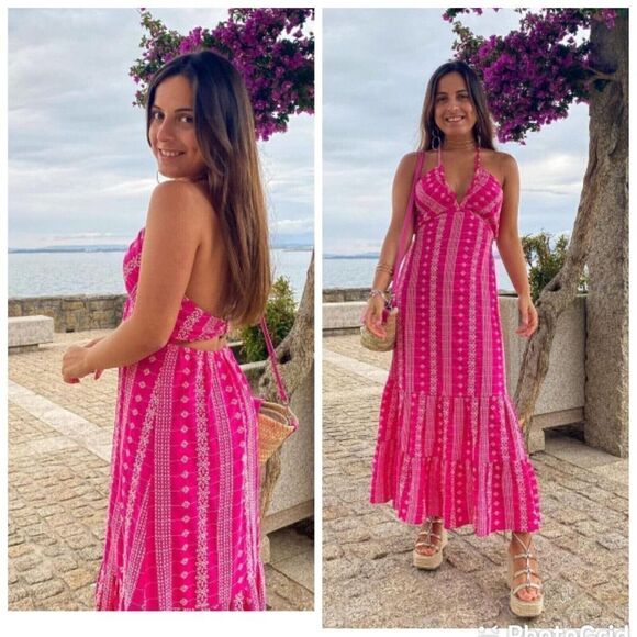 Zara Dresses & Skirts - BLOGGER FAVE ZARA women's size large Pink Halter Midi Dress eyelet